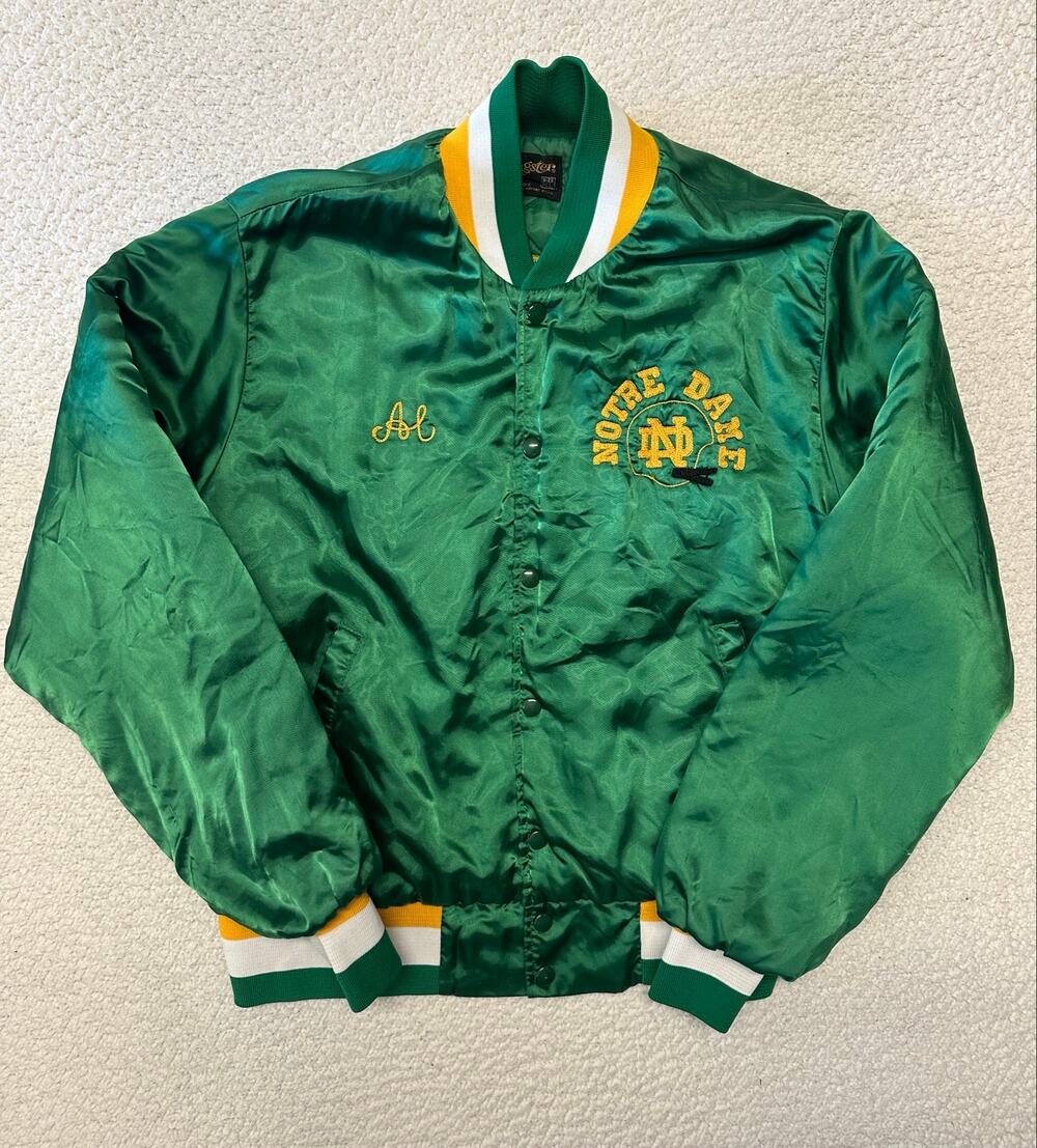 Vintage Mens Notre Dame Satin Snap Bomber Jacket Size XL